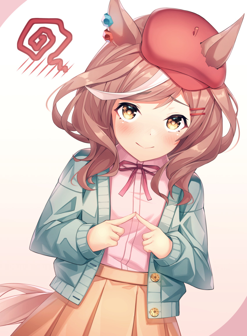 1girl, alternate_costume, animal_ears, beret, blush, brown_hair, casual, commentary_request