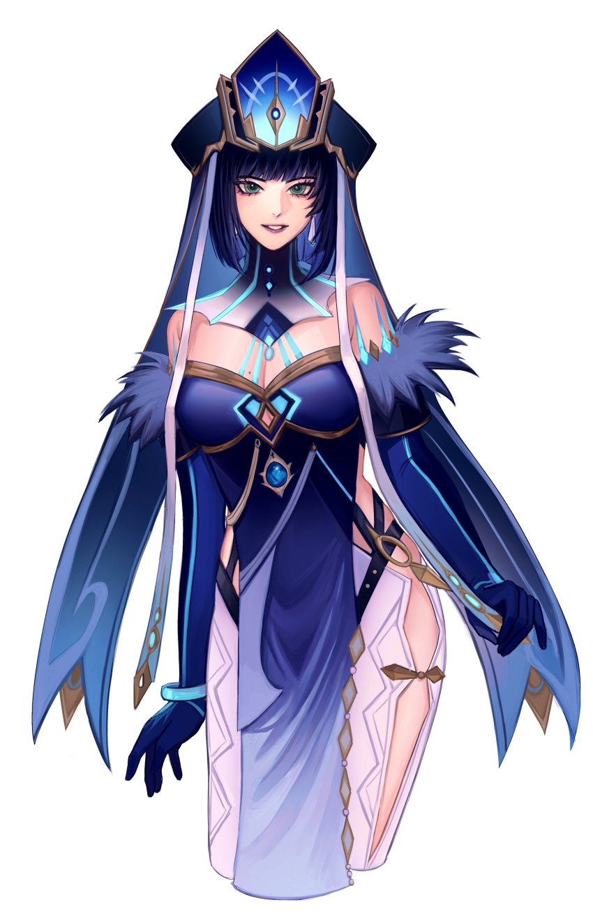 1girl, absurdres, blue_gloves, blue_headwear, bodice, breasts, cleavage, clothing_cutout, cosplay, cropped_legs, detached_collar, earrings, elbow_gloves, fur_trim, genshin_impact, gloves, highres, hip_vent, jewelry, leo_(ghouleo), looking_at_viewer, mirror_maiden_(genshin_impact), mirror_maiden_(genshin_impact)_(cosplay), mole, mole_on_breast, pants, parted_lips, pelvic_curtain, short_hair, side_cutout, solo, standing, teeth, white_pants, yelan_(genshin_impact)