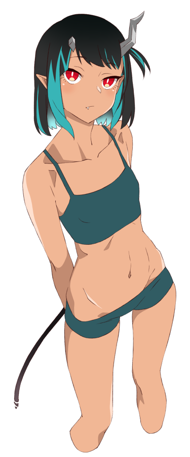 1girl, akitetsu, alternate_costume, black_hair, blue_camisole, blue_hair, blue_shorts, bright_pupils, camisole, closed_mouth, collarbone, crop_top, demon_girl, demon_horns, demon_tail, expressionless, fang, fang_out, feet_out_of_frame, flat_chest, hip_bones, horns, long_hair, micro_shorts, multicolored_hair, nanashi_inc., navel, pointy_ears, red_eyes, shishio_chris, shorts, simple_background, solo, tail, tan, transparent_background, two-tone_hair, virtual_youtuber, white_pupils