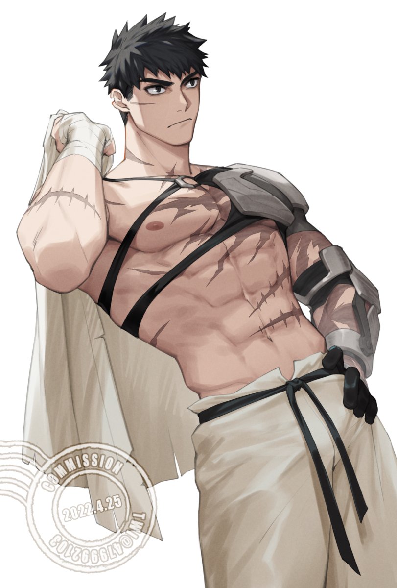 00047, 1boy, abs, alchemy_stars, bara, belt, black_gloves, black_hair, commentary, facial_scar, gloves, highres, large_pectorals, male_focus, mature_male, muscular, muscular_male, pants, pectorals, pittman_(alchemy_stars), scar, scar_on_cheek, scar_on_face, short_hair, solo, white_pants