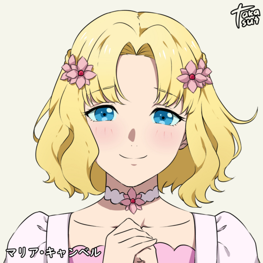 1girl, artist_name, blonde_hair, blue_eyes, blush, character_name, collarbone, female_focus, flower, hair_flower, hair_ornament, hands_up, looking_at_viewer, maria_campbell, otome_game_no_hametsu_flag_shika_nai_akuyaku_reijou_ni_tensei_shite_shimatta, own_hands_together, parted_bangs, short_hair, simple_background, smile, solo, takamizawa_usui, white_background