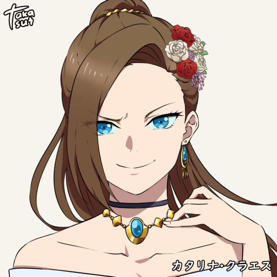 1girl, artist_name, bare_shoulders, black_choker, blue_eyes, brown_hair, character_name, choker, collarbone, earrings, female_focus, flower, hair_flower, hair_ornament, jewelry, katarina_claes, long_hair, looking_at_viewer, necklace, otome_game_no_hametsu_flag_shika_nai_akuyaku_reijou_ni_tensei_shite_shimatta, simple_background, smile, solo, takamizawa_usui, upper_body, white_background
