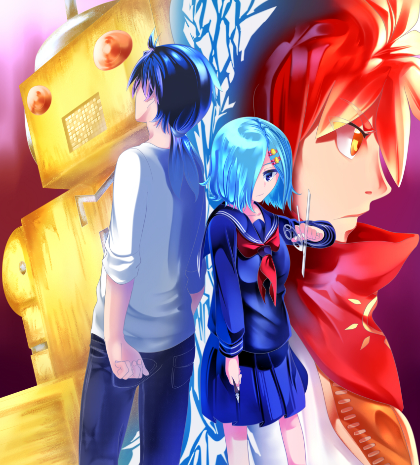 1girl, 2boys, aino_itsuki, arm_at_side, black_hair, blue_eyes, blue_hair, blue_serafuku