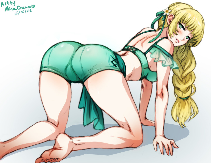 1girl, all_fours, artist_name, ass, back, barefoot, bikini, bikini_shorts