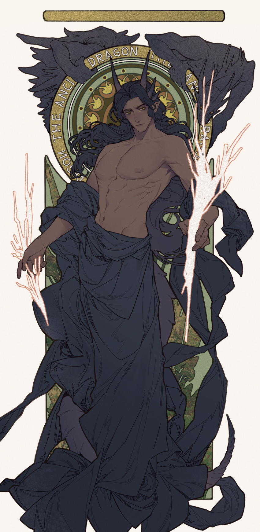 1boy, abs, absurdres, black_hair, black_robe, clothes_down, commentary, curly_hair