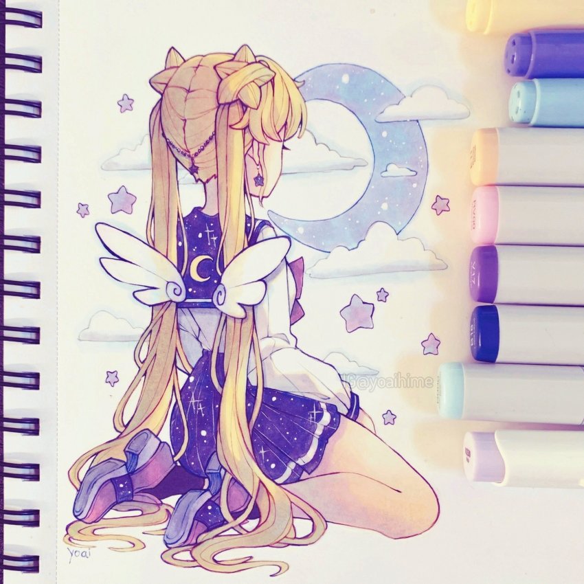 absurdres, anny_(yoai), art_tools_in_frame, artist_name, bishoujo_senshi_sailor_moon, bow, bowtie, breasts, cloud, commentary, crescent_moon, detached_wings, double_bun, double_exposure, earrings, facing_away, from_behind, hair_bun, hair_ornament, hatching_(texture), high_heels, highres, instagram_username, jewelry, loafers, long_hair, marker, marker_(medium), medium_breasts, moon, pen_(medium), photo_(medium), platform_footwear, pleated_skirt, purple_bow, purple_bowtie, purple_sailor_collar, purple_skirt, sailor_collar, sailor_moon, school_uniform, shirt, shoes, sitting, skirt, sky, star-shaped_hair, star_(sky), star_(symbol), star_earrings, star_hair_ornament, starry_sky, traditional_media, tsukino_usagi, twintails, very_long_hair, wariza, watermark, white_shirt, wings