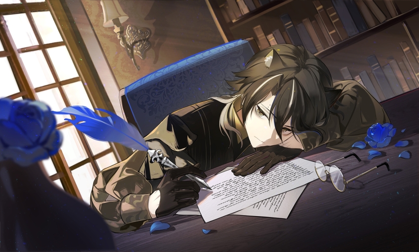 1boy, animal_ears, arknights, bishounen, black_gloves, black_hair, blue_feathers, blue_flower, blue_rose, book, bookshelf, cat_boy, cat_ears, commentary_request, couch, desk, feathers, flower, glasses, gloves, grey_eyes, head_on_arm, head_on_table, highres, indoors, lamp, male_focus, playwright_(arknights), quill, remirror, rose, sitting, solo, upper_body, writing