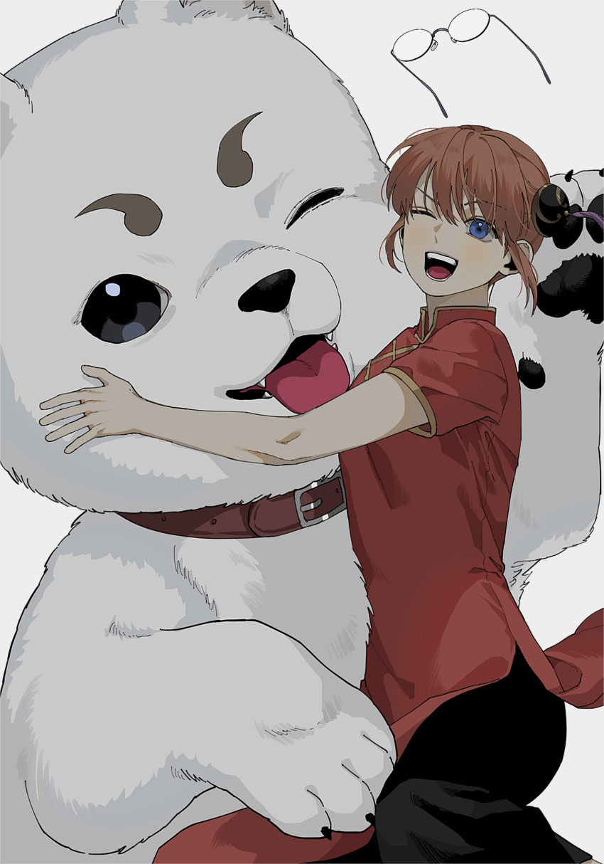 1boy, 1girl, animal, animal_hands, blue_eyes, bun_cover, china_dress, chinese_clothes