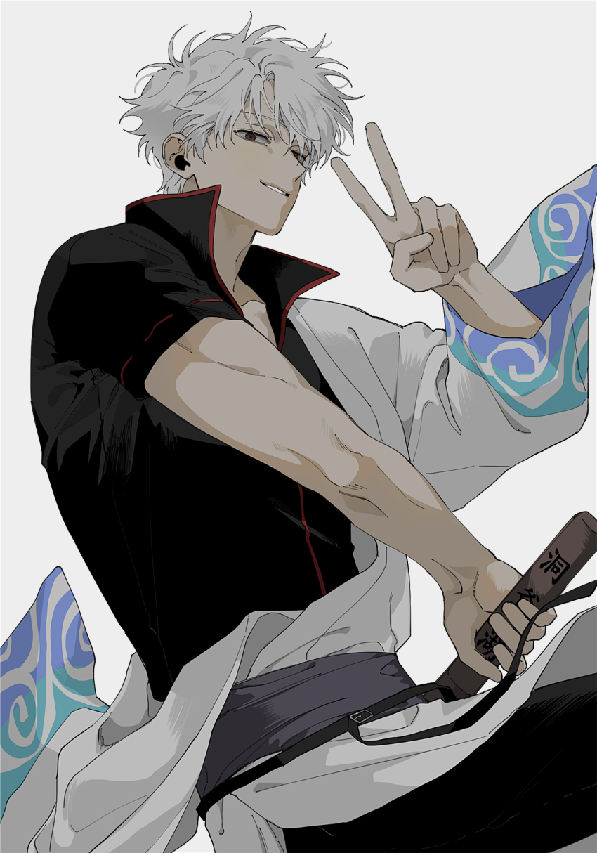 1boy, black_shirt, commentary_request, donggoureng2, gintama, grin, hadanugi_dousa, highres
