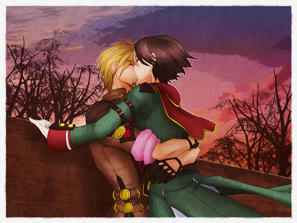 2boys, against_wall, bad_id, bad_pixiv_id, beard, black_hair, blonde_hair, brown_hair