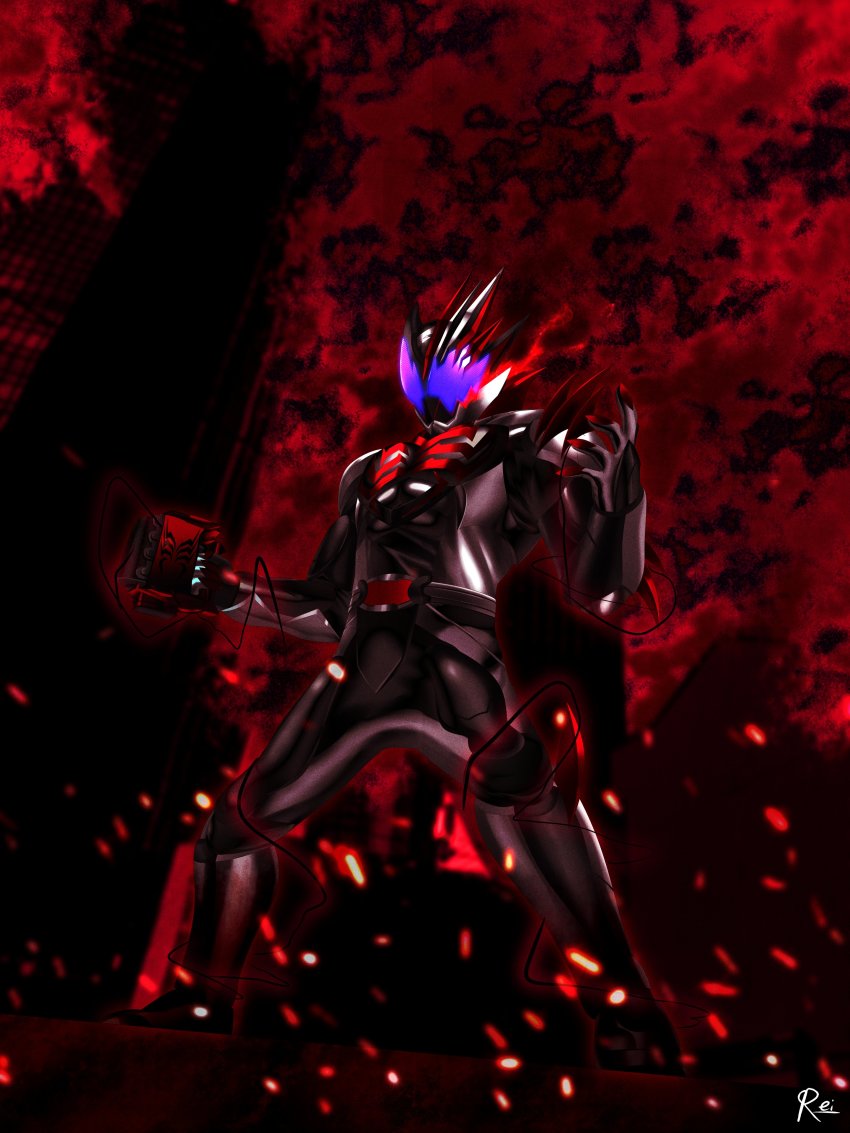 1boy, absurdres, apocalypse, armor, artist_name, asymmetrical_armor, belt, black_armor