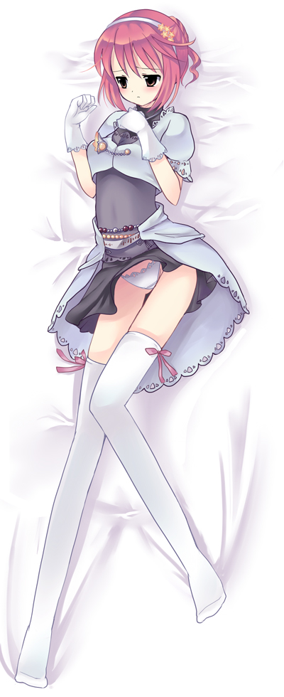 1girl, bad_id, bad_pixiv_id, bed, belt, blush, bow_legwear, brown_eyes, cheria_barnes, cheria_barnes_(innocent_maiden), clothes_lift, crop_top, dakimakura_(medium), female_focus, full_body, gloves, hairband, lace, lace_panties, legs, lying, official_alternate_costume, on_back, panties, pink_hair, ribbon, short_hair, skirt, skirt_lift, solo, tales_of_(series), tales_of_graces, teu_(navy), thigh_gap, thighhighs, turtleneck, underwear, white_background, white_panties, white_thighhighs