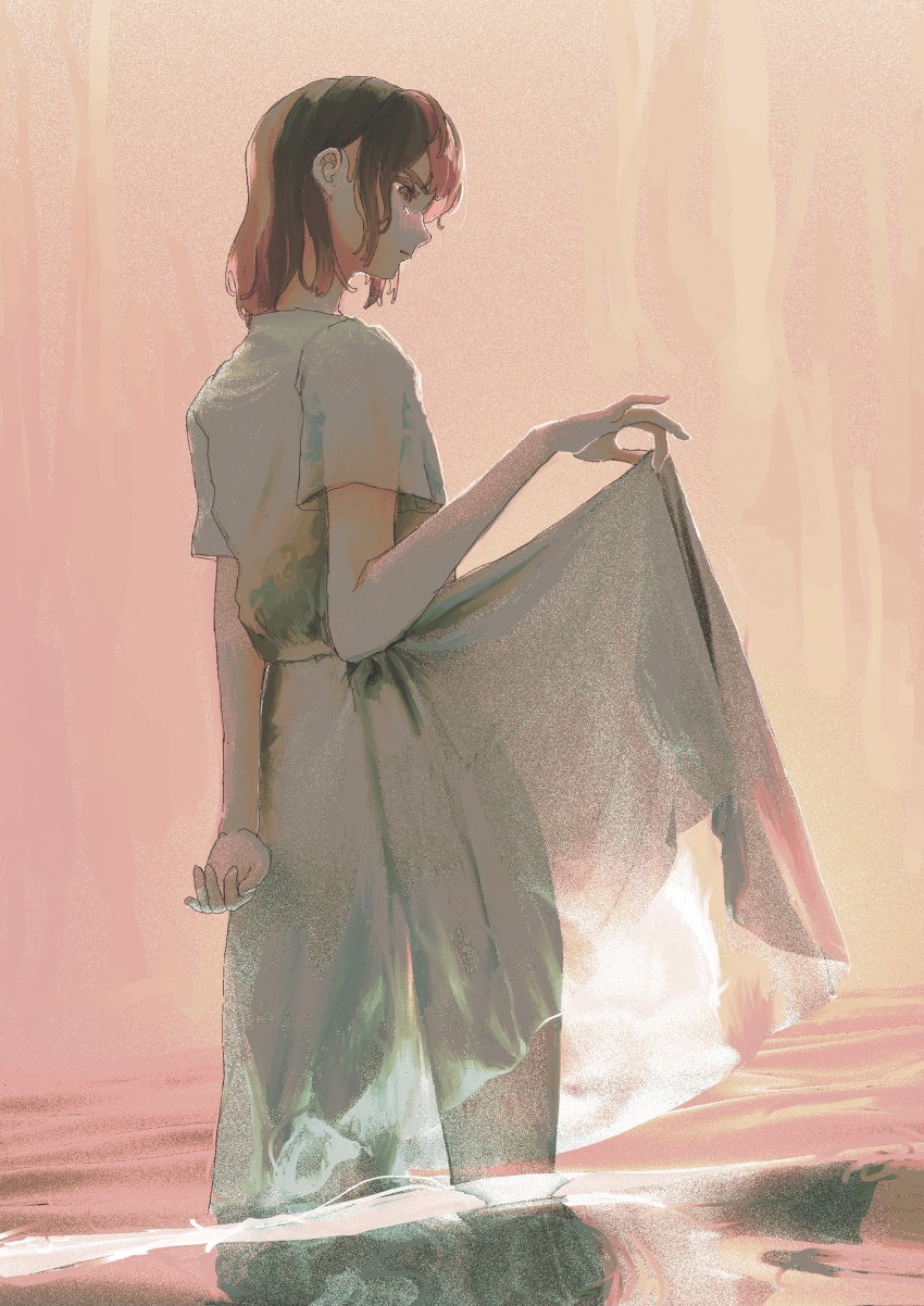 1girl, absurdres, angry, brown_eyes, brown_hair, closed_mouth, clothes_lift, cowboy_shot