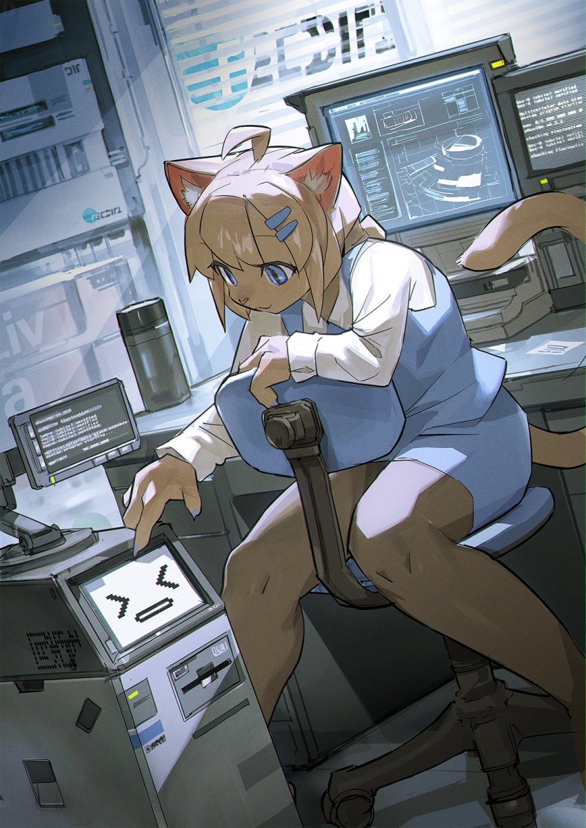 >_<, 1girl, :3, ahoge, animal_ear_fluff, animal_ears, animal_hands, animal_nose, backlighting, black_pantyhose, blue_eyes, blue_skirt, blue_vest, body_fur, brown_fur, brown_hair, cat_ears, cat_girl, cat_tail, chair, claws, closed_mouth, computer, day, denchou, desk, dutch_angle, english_text, female_focus, furry, furry_female, hair_ornament, hairclip, hand_up, happy, highres, indoors, light_rays, long_sleeves, looking_down, miniskirt, monitor, office_chair, office_lady, on_chair, original, pantyhose, pencil_skirt, poking, shirt, short_hair, sidelocks, sitting, skirt, slit_pupils, smile, solo, swivel_chair, tail, terminal, thermos, vest, white_shirt, window, window_blinds