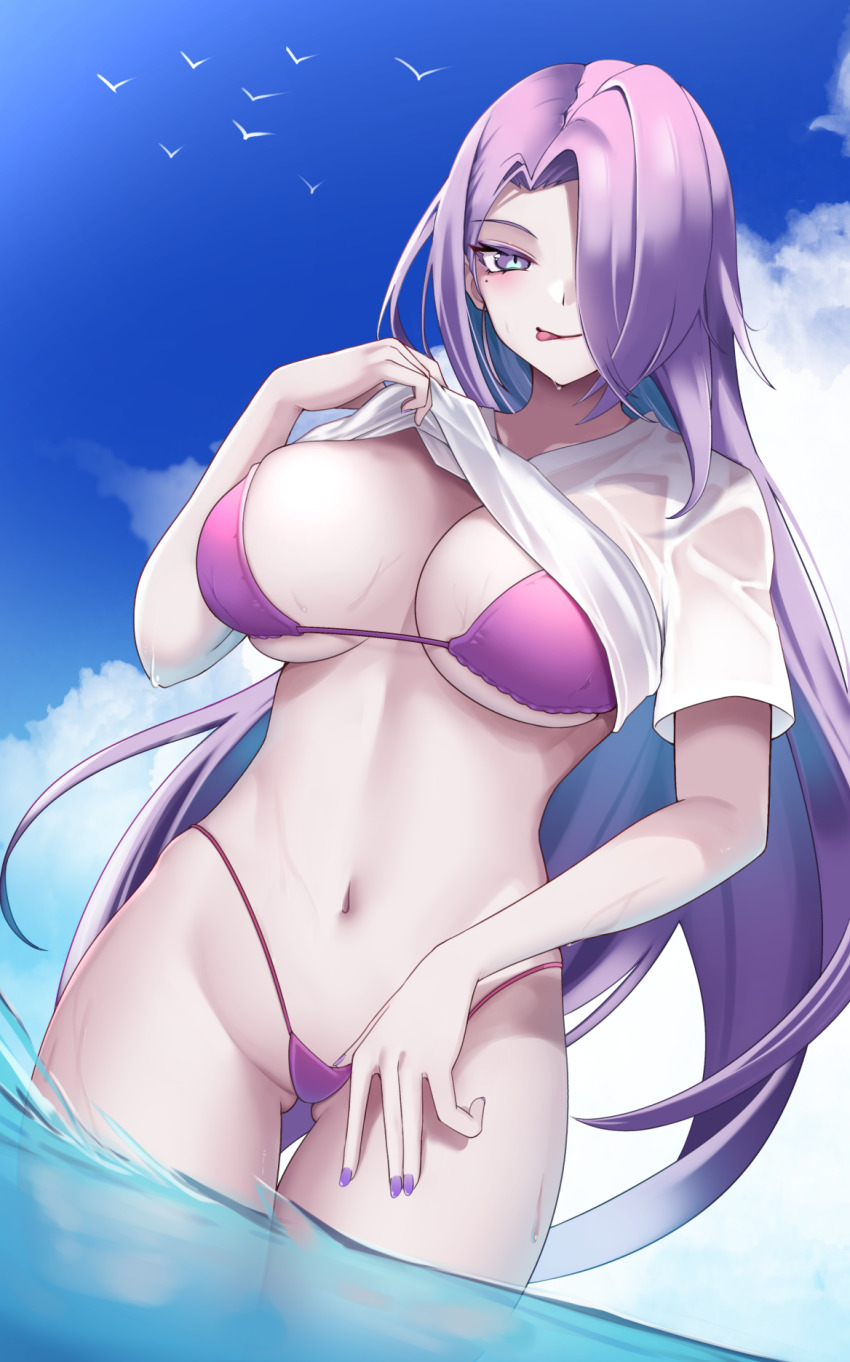 1girl, :p, bikini, bikini_pull, black_survival, blue_sky, blush, breasts, cleavage, clothes_lift, clothes_pull, cloud, cowboy_shot, day, dutch_angle, eternal_return:_black_survival, gluteal_fold, groin, hair_between_eyes, hair_over_one_eye, highleg, highleg_bikini, highres, large_breasts, laura_(black_survival), lifting_own_clothes, long_hair, looking_at_viewer, masaki_nanaya, mole, mole_under_eye, nail_polish, navel, purple_bikini, purple_eyes, purple_hair, purple_nails, shirt, shirt_lift, short_sleeves, sidelocks, sky, smile, solo, standing, stomach, swimsuit, t-shirt, thigh_gap, tongue, tongue_out, wading, water, wet, wet_clothes, wet_shirt, white_shirt