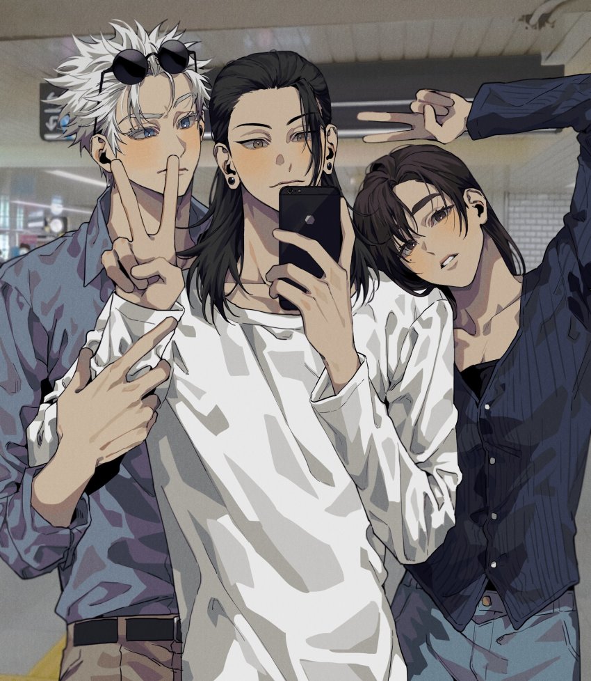 1girl, 2boys, arm_up, belt, black_hair, blue_eyes, brown_eyes, brown_hair, buttons, casual, cellphone, collarbone, collared_shirt, denim, donggoureng2, earrings, eyewear_on_head, geto_suguru, gojo_satoru, hair_slicked_back, hand_up, highres, holding, holding_phone, ieiri_shoko, jewelry, jujutsu_kaisen, long_hair, long_sleeves, looking_at_phone, mole, mole_under_eye, multiple_boys, pants, parted_lips, phone, round_eyewear, shirt, short_hair, smile, untranslatable_commentary, teeth, upper_teeth_only, v, white_hair, white_shirt