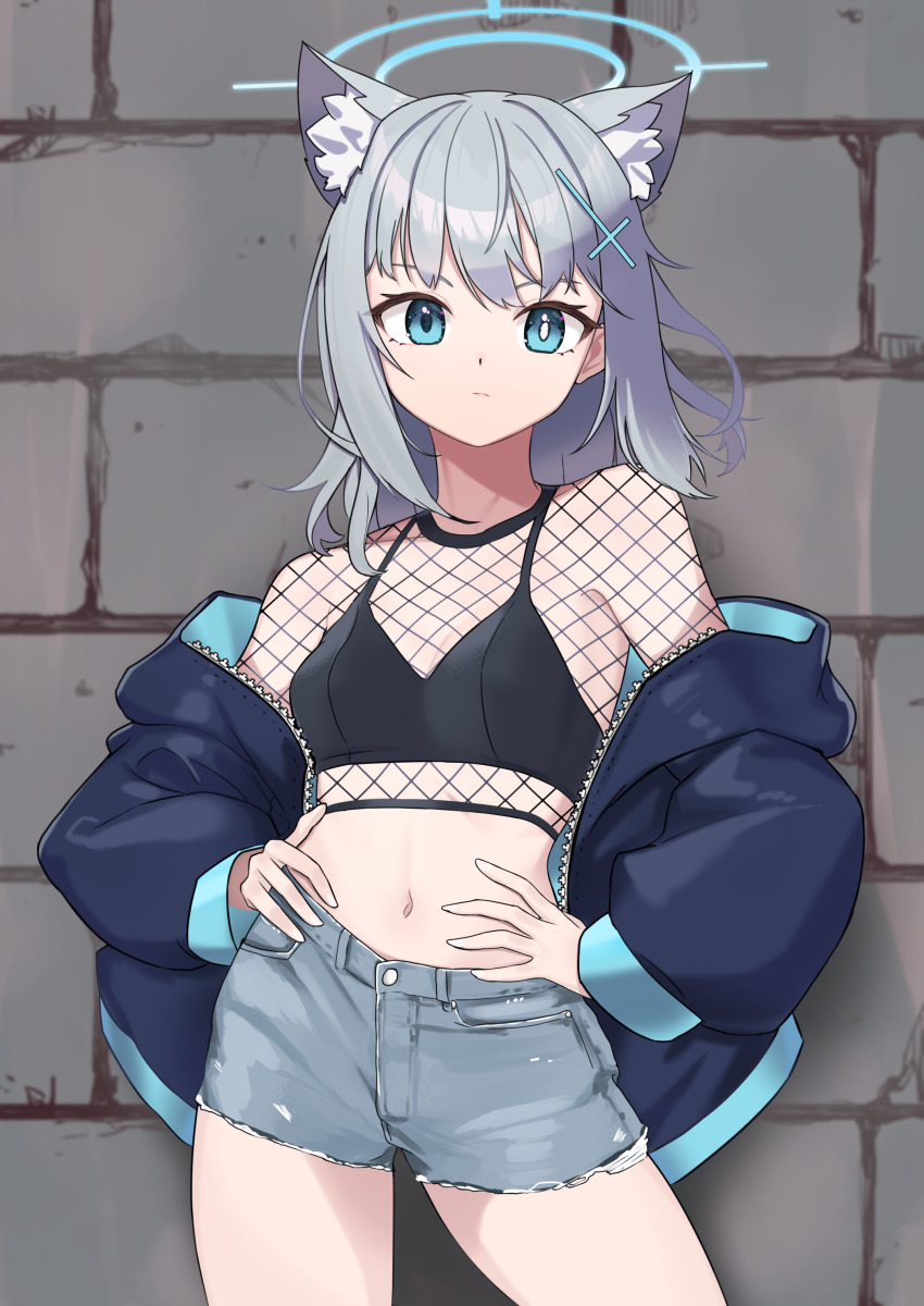 1girl, absurdres, animal_ear_fluff, animal_ears, blue_archive, blue_eyes, brick_wall, camisole