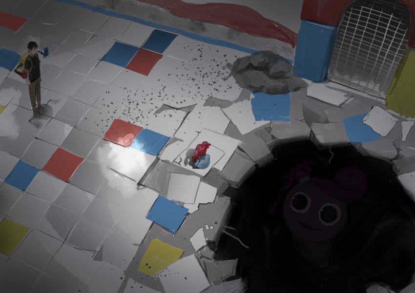 1boy, 2girls, absurdres, chamuring, from_above, highres, hole, horror_(theme)