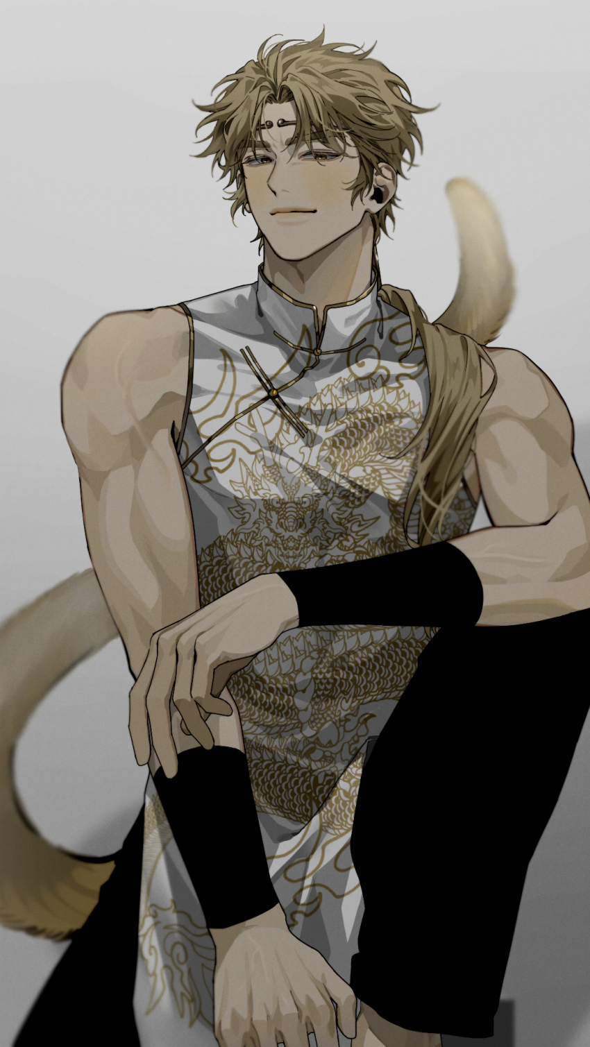 1boy, armband, biceps, blonde_hair, blurry, chinese_clothes, depth_of_field, donggoureng2