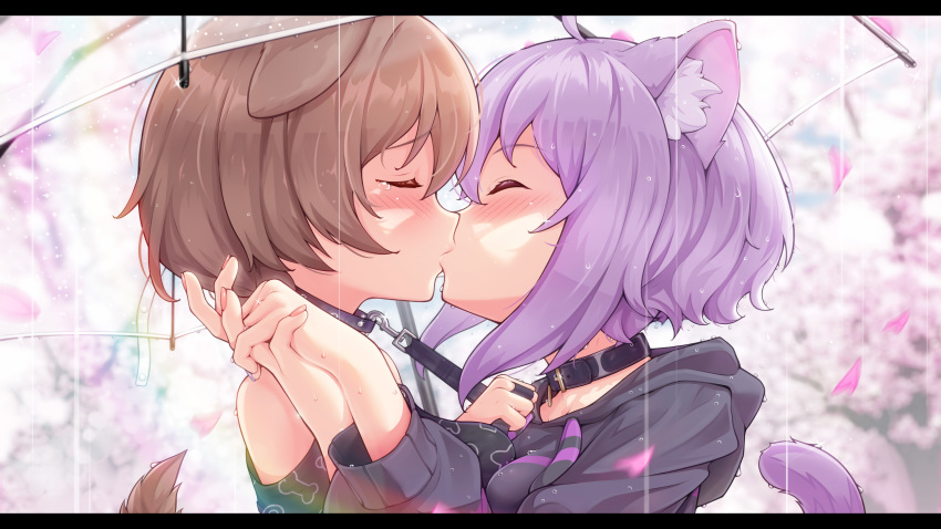 2girls, absurdres, ahoge, animal_collar, animal_ear_fluff, animal_ears, black_collar, black_hoodie