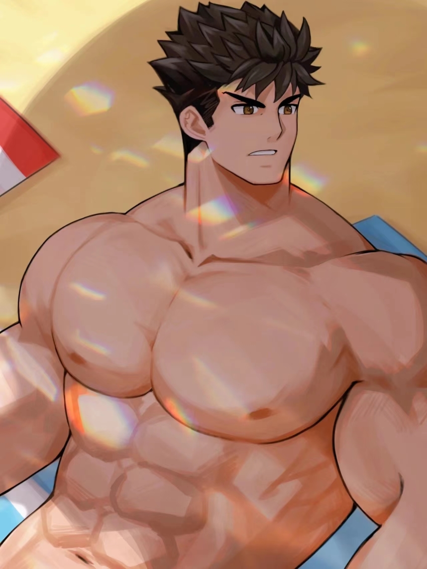 1boy, abs, bara, beach, biceps, black_hair, frown, full_service_(mazjojo)