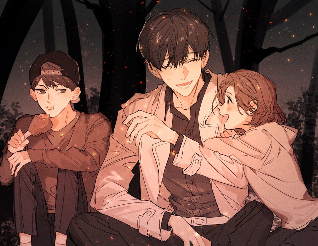 1girl, 2boys, ^_^, black_hair, brown_eyes, brown_hair, chicken_(food), chicken_leg