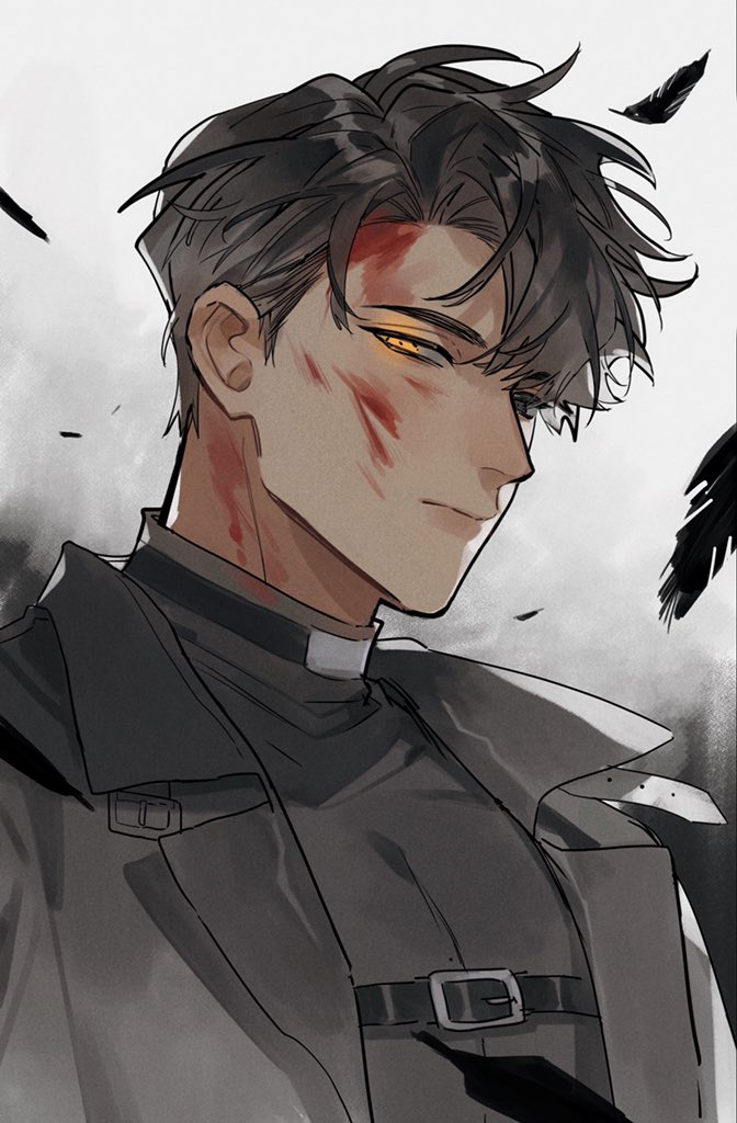 1boy, black_eyes, black_feathers, black_hair, blood, blood_on_clothes, blood_on_face, expressionless