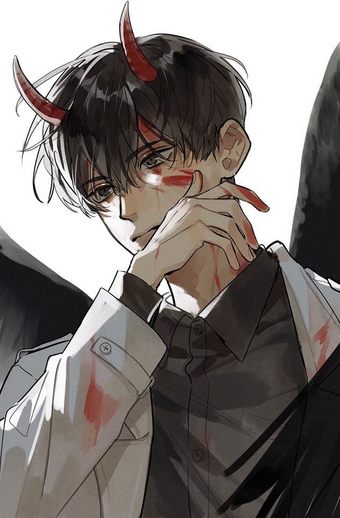1boy, black_eyes, black_hair, black_wings, blood, blood_on_clothes, blood_on_face, blood_on_hands