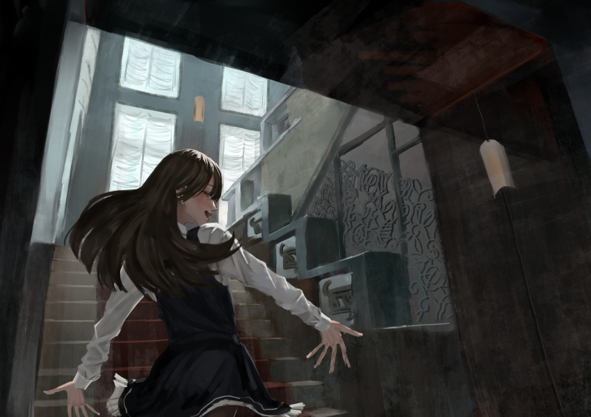 1girl, absurdres, arashio_(kancolle), arashio_kai_ni_(kancolle), black_dress, black_pantyhose, dress, frilled_dress, frills, from_behind, hair_between_eyes, head_tilt, highres, indoors, kantai_collection, long_hair, long_sleeves, looking_at_viewer, open_mouth, orange_eyes, pantyhose, pinafore_dress, shirt, sleeveless_dress, solo, stairs, waki_waki_a, white_shirt, window