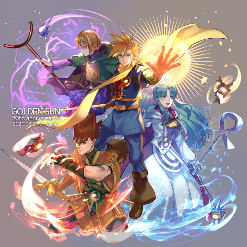 1girl, 3boys, absurdres, blonde_hair, blue_eyes, blue_hair, breasts, brown_hair, cape, closed_mouth, djinn_(golden_sun), garet_(golden_sun), gloves, golden_sun, highres, isaac_(golden_sun), ivan_(golden_sun), long_hair, looking_at_viewer, mia_(golden_sun), multiple_boys, oas, open_mouth, ponytail, robe, scarf, simple_background, smile, staff, sword, weapon