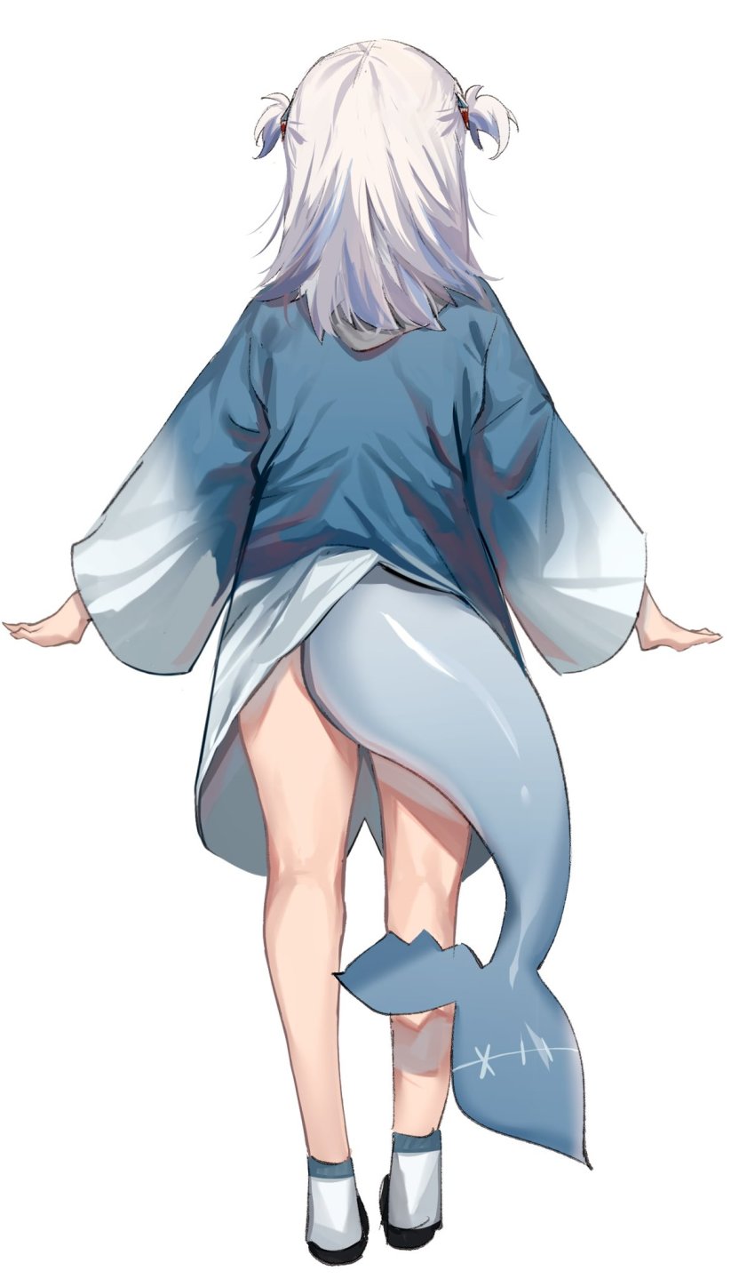 1girl, 852_box, blue_hair, facing_away, fins, fish_tail, from_behind, full_body