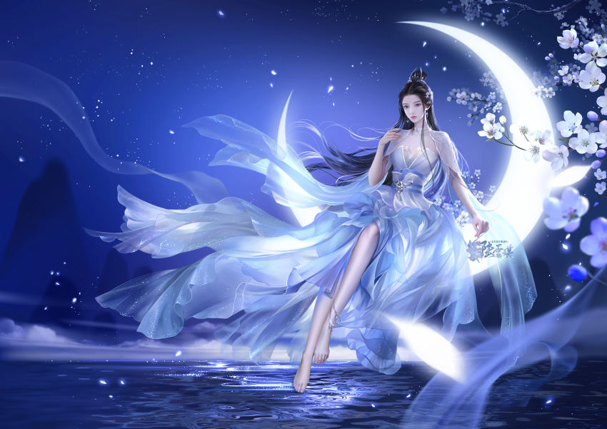 1girl, absurdres, bare_legs, beads, black_hair, branch, chahua_shi_fei_mo, cleavage_cutout, clothing_cutout, floating, flower, full_body, hair_bun, hair_ornament, highres, long_hair, lu_xueqi_(zhu_xian), moon, mountain, night, sash, second-party_source, sitting, sky, solo, water, zhu_xian