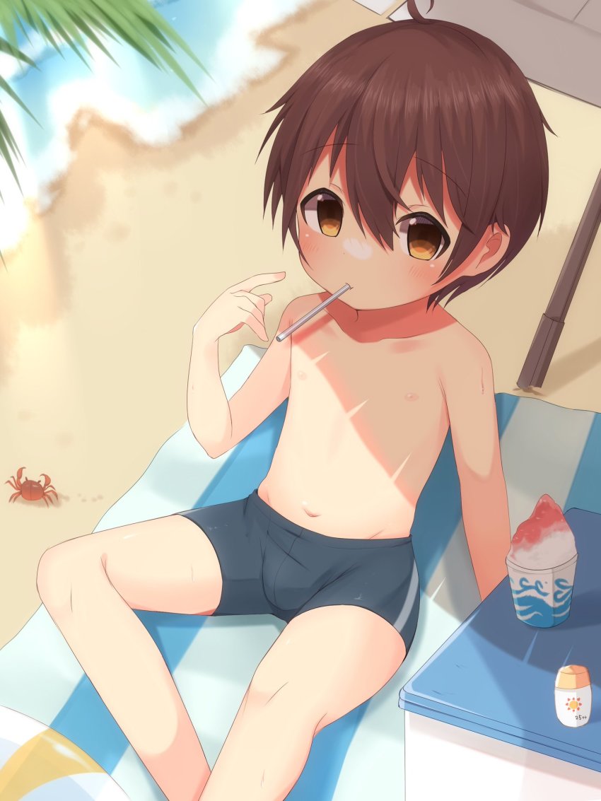 1boy, ahoge, beach, blue_jammers, blue_male_swimwear, brown_hair, crab, drinking_straw, drinking_straw_in_mouth, food, highres, jammers, male_focus, male_swimwear, meranoreuka_(naokentak), mouth_hold, navel, original, outdoors, shade, shaved_ice, short_hair, shota, sitting, solo, swimsuit, topless_male, yellow_eyes