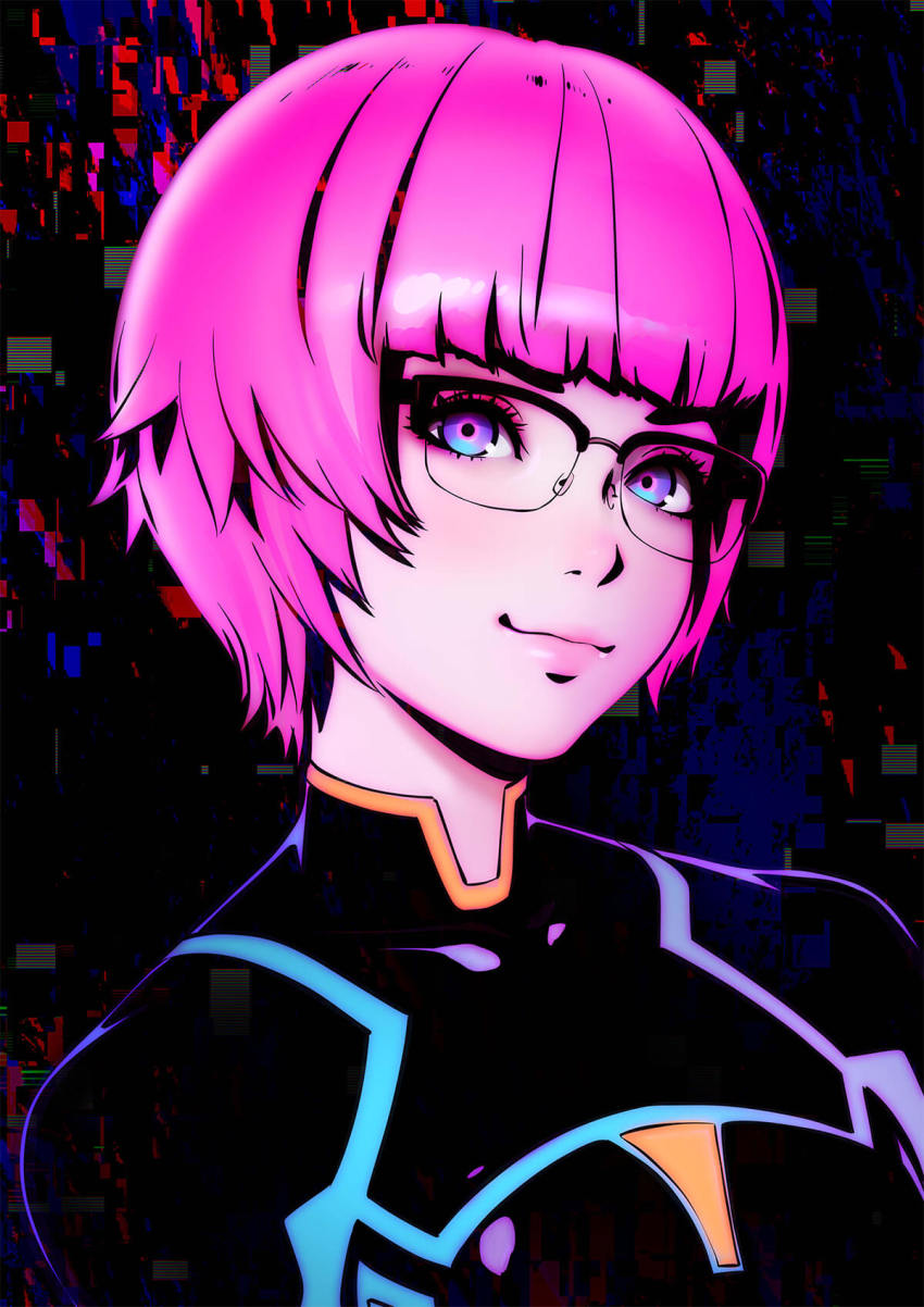bodysuit, ezaki_purin, ghost_in_the_shell, ghost_in_the_shell:_sac_2045, glasses, highres, latex, latex_bodysuit, lips, official_art, pink_hair, purple_eyes, short_hair
