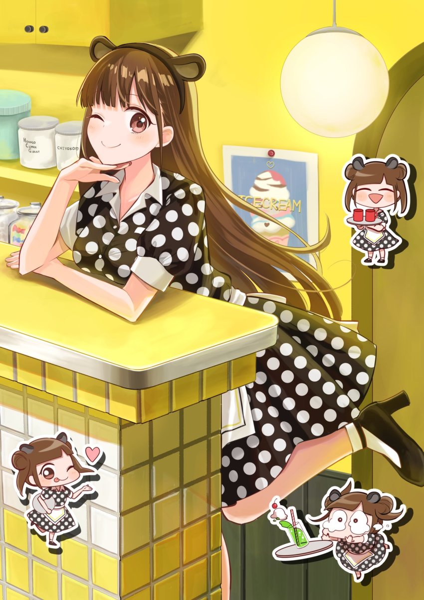 19_okeke, animal_ears, apron, black_dress, blunt_bangs, brown_eyes, brown_hair, commentary_request