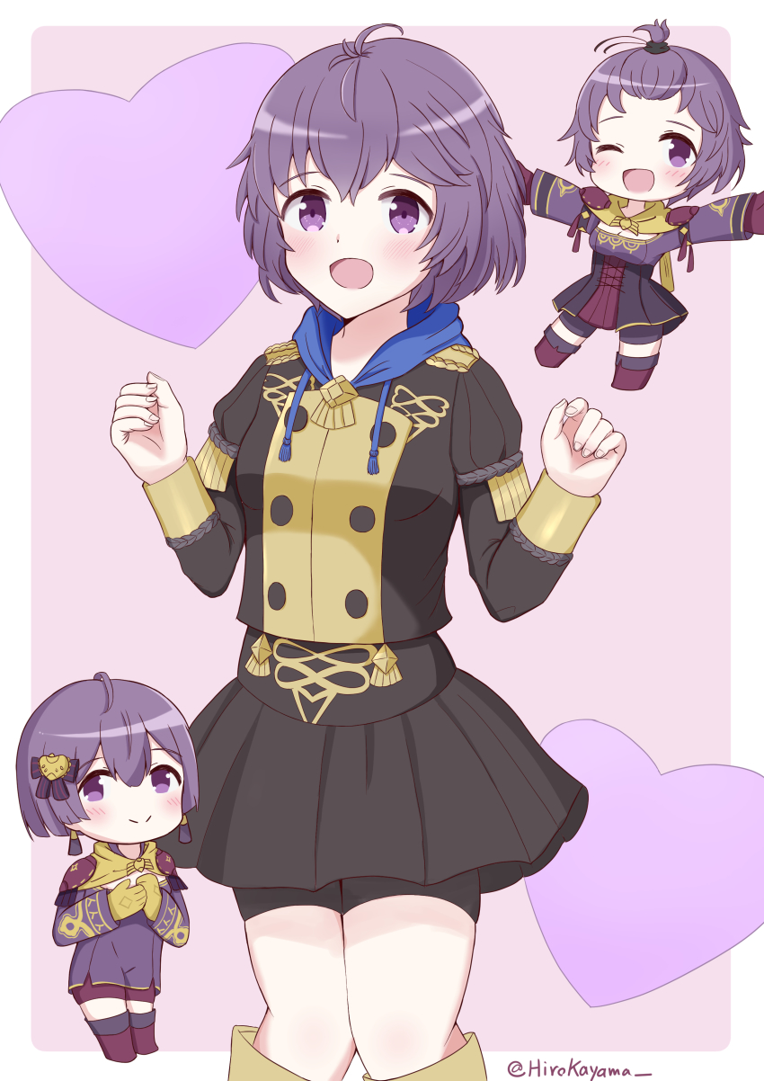 1girl, :d, absurdres, ahoge, bernadetta_von_varley, bike_shorts, bike_shorts_under_skirt, black_jacket, black_shorts, black_skirt, black_socks, blue_hood, blunt_ends, blush, boots, border, bow, breasts, brown_footwear, capelet, chibi, cleavage, commentary, cowboy_shot, dot_nose, drawstring, dress, earrings, english_commentary, fire_emblem, fire_emblem:_three_houses, full_body, garreg_mach_monastery_uniform, gloves, hair_between_eyes, hair_bow, hands_on_own_chest, hands_up, happy, heart, highres, hiro_kayama, jacket, jewelry, knee_boots, kneehighs, knees_together_feet_apart, long_sleeves, looking_at_viewer, multiple_views, nintendo, no_nose, official_alternate_hairstyle, one_eye_closed, open_hand, open_hands, open_mouth, outside_border, pink_background, purple_bow, purple_dress, purple_eyes, purple_footwear, purple_gloves, purple_hair, short_hair, shorts, shorts_under_dress, skirt, sleeves_past_wrists, small_breasts, smile, socks, split_mouth, standing, standing_on_one_leg, striped_bow, thighhighs, thighs, topknot, twitter_username, two-tone_background, white_border, yellow_capelet, yellow_gloves
