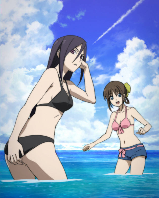2girls, beach, bikini, black_bikini, black_hair, breasts, brown_hair, ga-rei