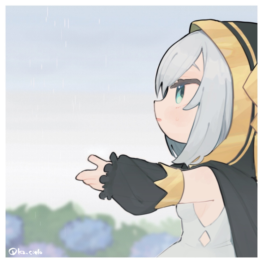 1girl, ars_almal, ars_almal_(1st_costume), black_cloak, black_sleeves, blue_flower, blush, breasts