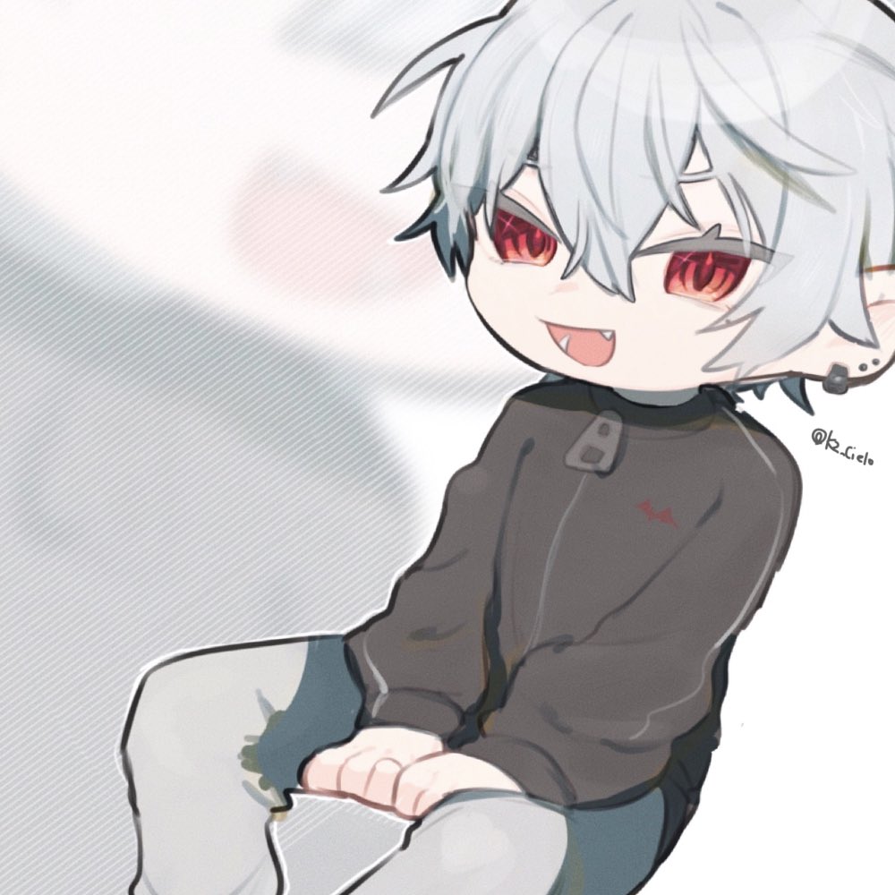 1boy, :d, between_legs, black_jacket, dutch_angle, ear_piercing, fangs, feet_out_of_frame