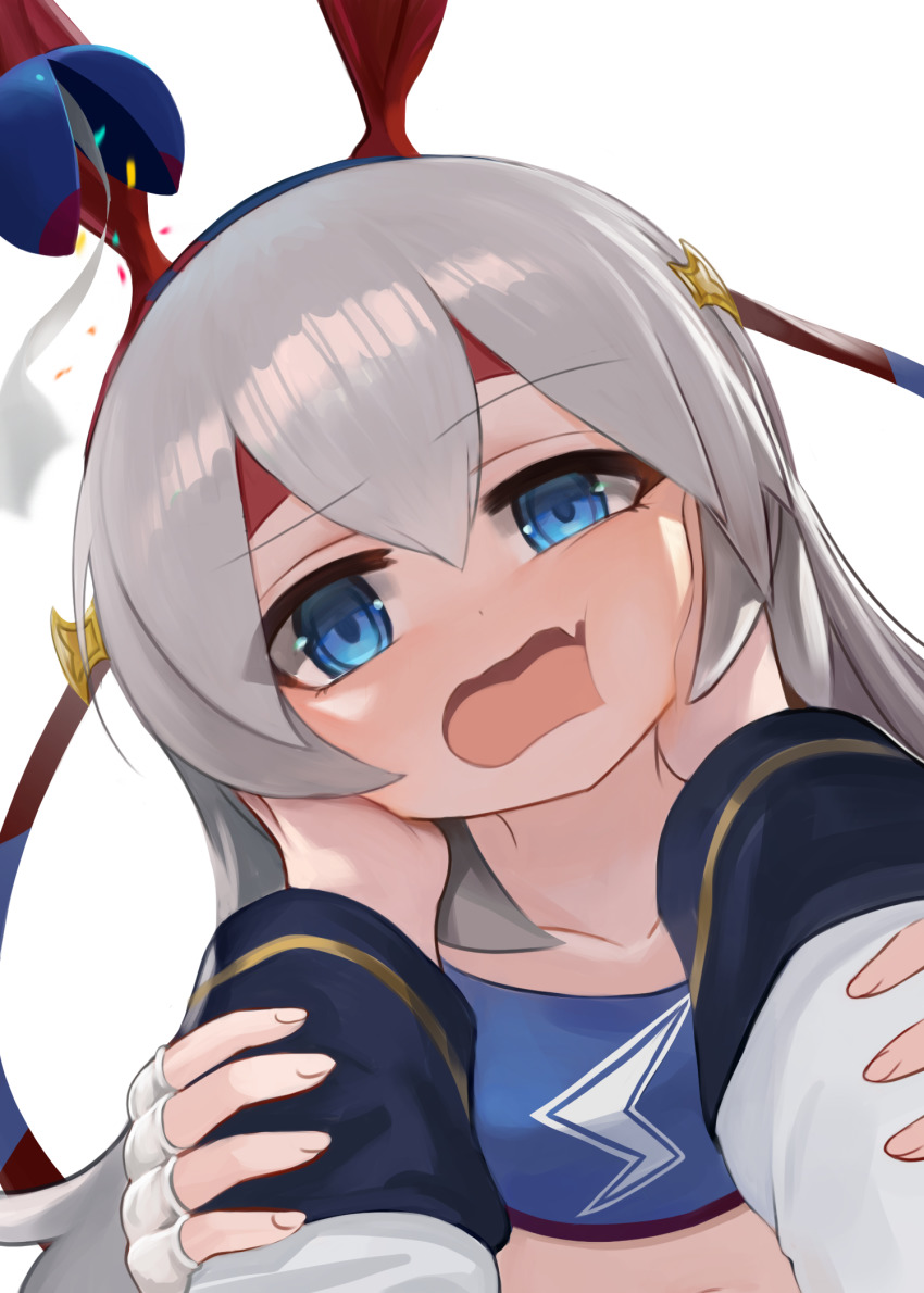 2girls, animal_ears, blue_eyes, blue_hairband, collarbone, confetti, confetti_ball, crop_top