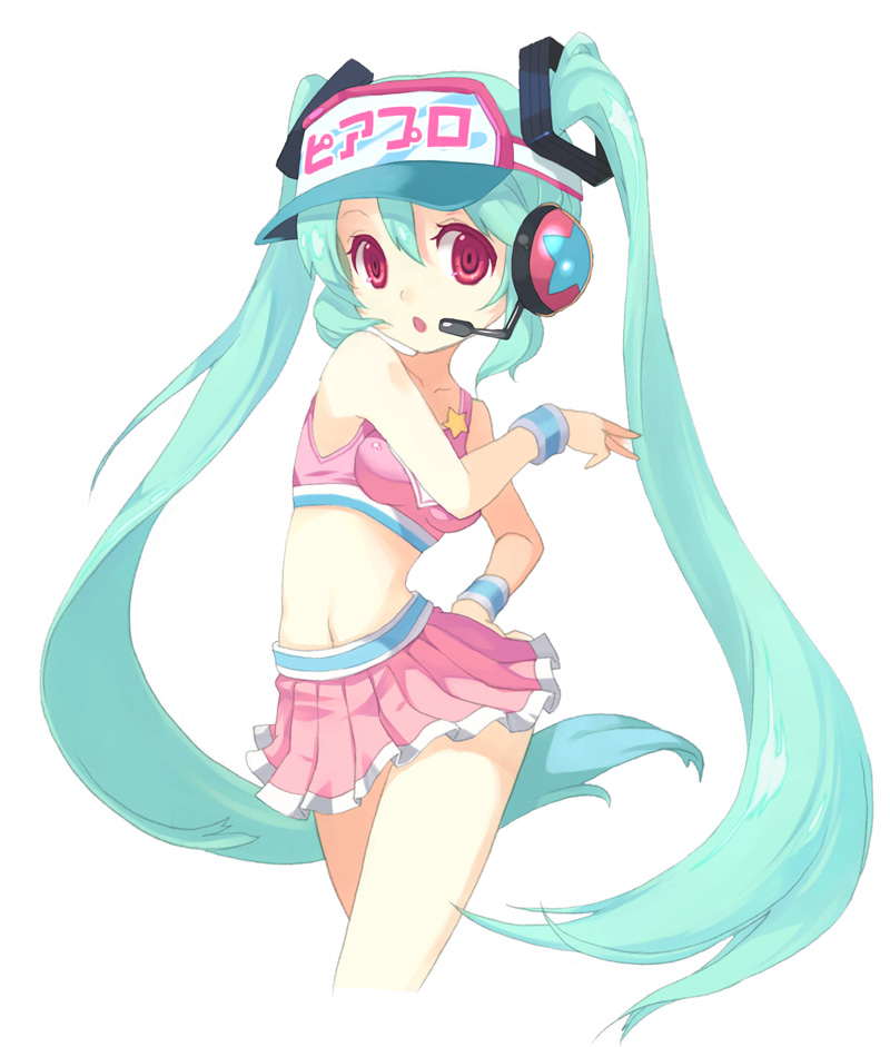 1girl, blue_hair, cheerleader, female_focus, hatsune_miku, hatsune_miku_(cheer), long_hair, midriff, mintchoco_(orange_shabette), project_diva, project_diva_(series), red_eyes, skirt, solo, twintails, very_long_hair, vocaloid