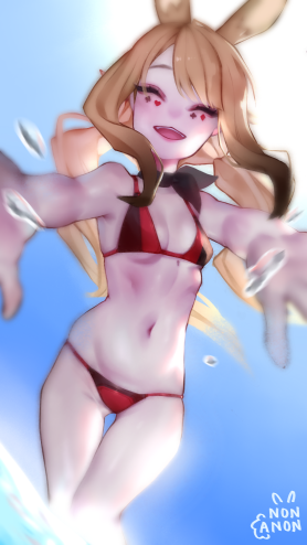 1girl, animal_ears, anon_non, anon_non_(artist), bikini, black_hair, blonde_hair, breasts