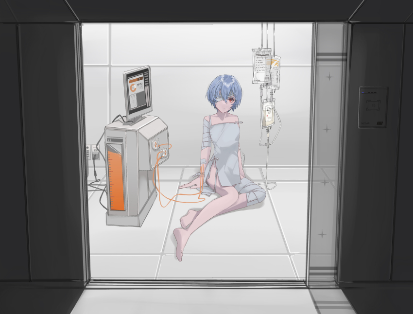 1girl, absurdres, ayanami_rei, bandage_over_one_eye, bandaged_arm, bandaged_leg, bandages, bare_shoulders