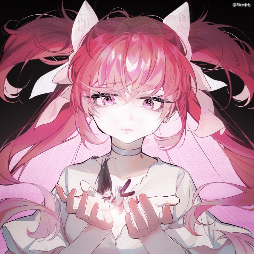 2girls, akemi_homura, artist_name, black_background, black_hair, choker, closed_eyes, collarbone, floating, frown, giant, giantess, glowing, hair_ribbon, hands_up, highres, kaname_madoka, long_hair, looking_at_another, looking_down, mahou_shoujo_madoka_magica, mahou_shoujo_madoka_magica_(anime), mahou_shoujo_madoka_magica_movie_1_&amp;_2, multiple_girls, pink_eyes, pink_hair, portrait, ribbon, rice-m7, simple_background, size_difference, two_side_up, ultimate_madoka, white_choker