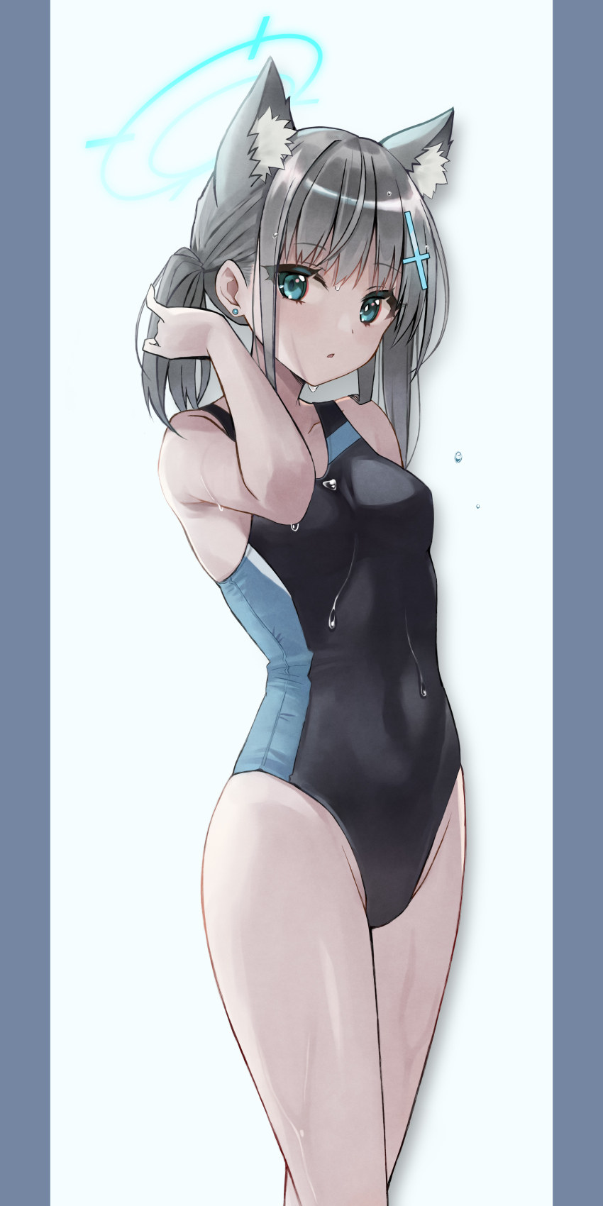 1girl, absurdres, animal_ear_fluff, animal_ears, black_one-piece_swimsuit, blue_archive, blue_eyes, competition_swimsuit