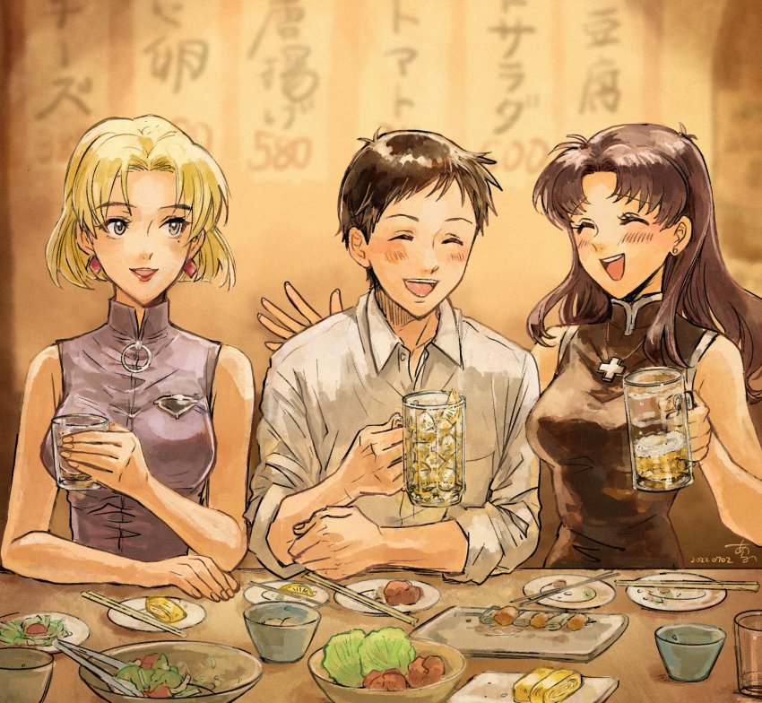 1boy, 2girls, akagi_ritsuko, alcohol, arano_nknk, beer, blonde_hair, blush, closed_eyes, earrings, highres, ice, ikari_shinji, jewelry, katsuragi_misato, lipstick, makeup, mole, mole_under_eye, multiple_girls, neon_genesis_evangelion, open_mouth, purple_hair, rebuild_of_evangelion, salad
