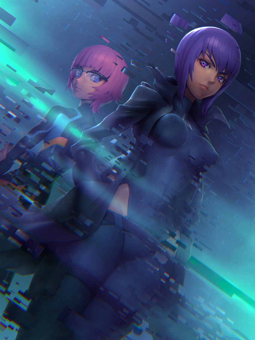 2girls, black-framed_eyewear, black_coat, black_leotard, black_pants, breasts, breasts_apart, closed_mouth, coat, covered_erect_nipples, dutch_angle, ezaki_purin, ghost_in_the_shell, ghost_in_the_shell:_sac_2045, glasses, groin, hand_in_pocket, highres, ikegami_noroshi, kusanagi_motoko, leotard, looking_back, lowleg, lowleg_pants, medium_breasts, multiple_girls, open_clothes, open_coat, over-rim_eyewear, pants, pink_hair, purple_eyes, purple_hair, semi-rimless_eyewear, short_hair, skin_tight, standing, straight_hair