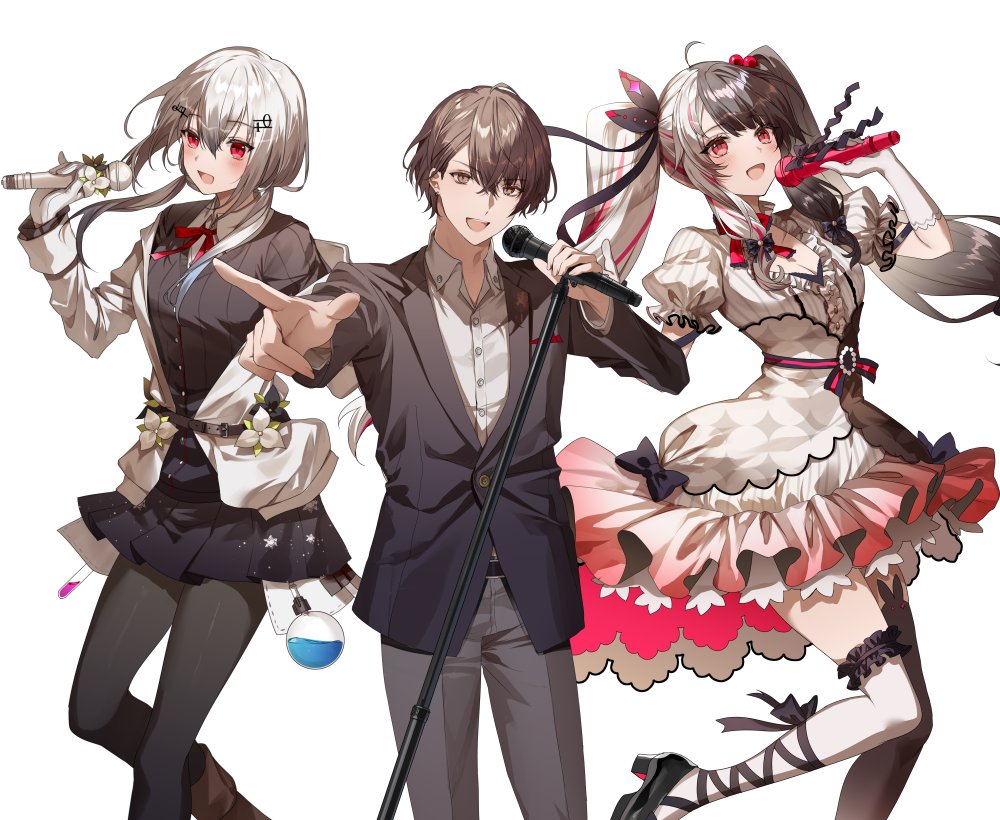 1boy, 2girls, :d, asymmetrical_legwear, belt, black_belt, black_cardigan, black_coat