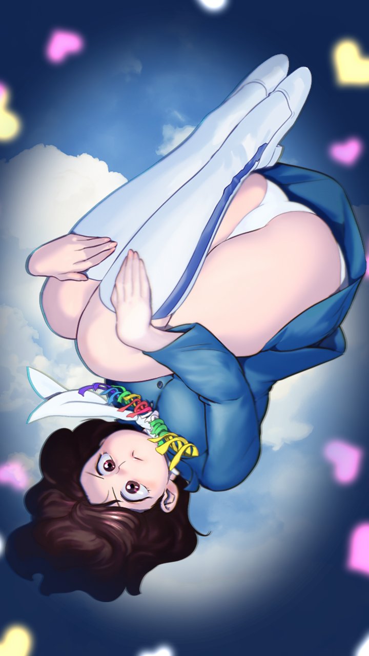 1girl, ass, blue_dress, born_ug2, brown_eyes, brown_hair, dress, handkerchief