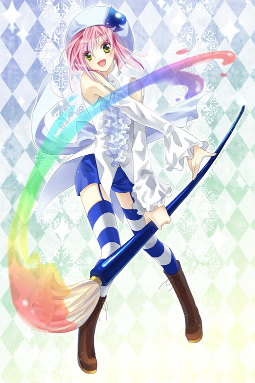 1girl, amulet_spade, argyle_background, argyle_clothes, female_focus, frills, gathers, giant_brush